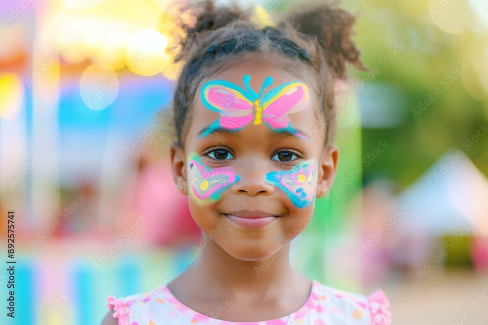 black little girl with butterfly pastel color face paint, fair in the background black little girl with butterfly pastel color face paint, fair in the background