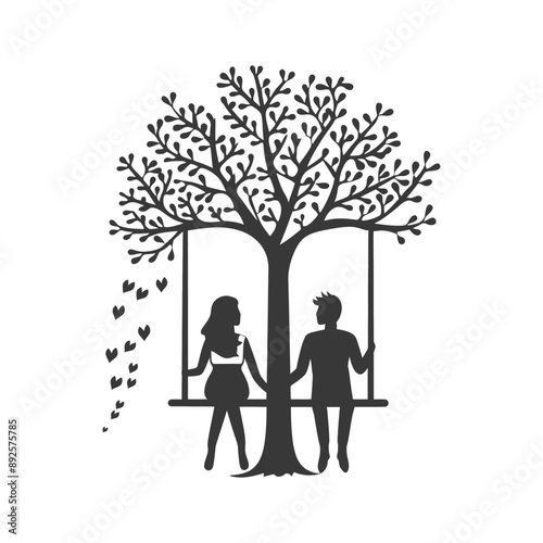 young couple sitting on a swing minimalist line art icon logo symbol 