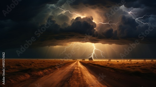 Thunderstorm with lightning illuminating the dusty horizon