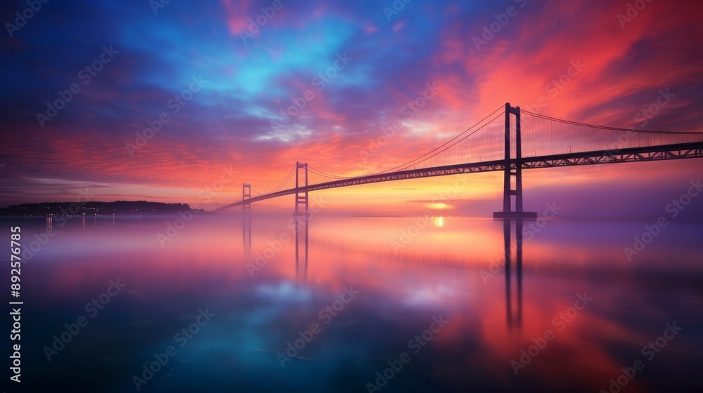 Tranquil bay and bridge at dawn, long exposure highlighting serene water and colorful horizon