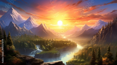 Tranquil mountain scene with the sun dipping below the horizon