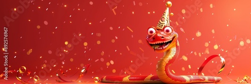 Happy Snake Celebrating with Confetti and Party Hat - A joyful cartoon snake wearing a party hat, surrounded by confetti and streamers, symbolizing celebration, fun, festivities, joy, and new beginnin photo