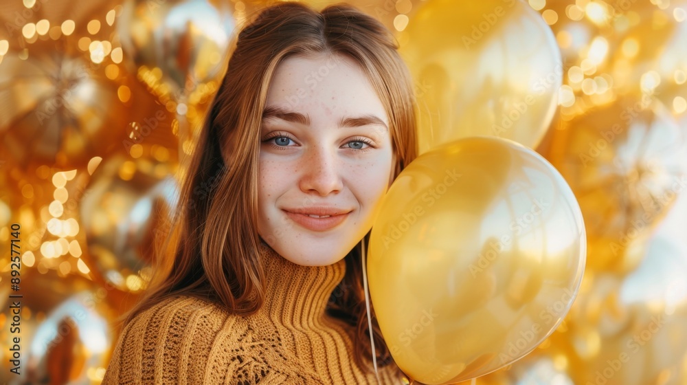 Fototapeta premium Happy Woman Holding Golden Balloons for Celebration - A young woman with a warm smile holds golden balloons against a backdrop of shimmering lights, symbolizing joy, celebration, festivity, and happin