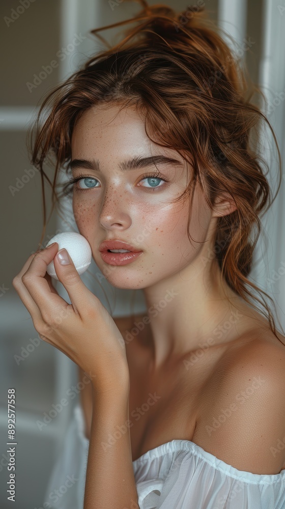 Fototapeta premium A woman using a beauty blender to apply concealer under her eyes, her reflection showing attention to detail.
