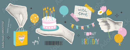 Birthday celebration. Set of halftone hands holding cake with candles, gift bag and flowers. Piece of paper with the inscription With love, glued with sticky tape, cute balloons and hand-written