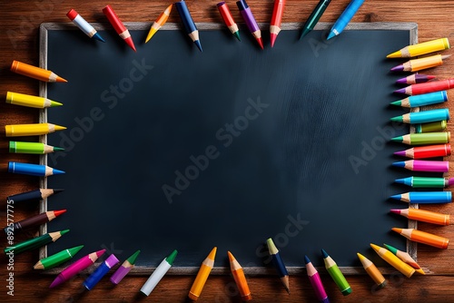 School supplies layout. Side view photo of desk setup with pencils organizer, ruler, books, red apple, mannequin body, and more on chalkboard background. Great for educational content or advertising.