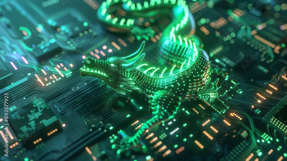 big data on circuit board with dragon hologram big data on circuit board with dragon hologram