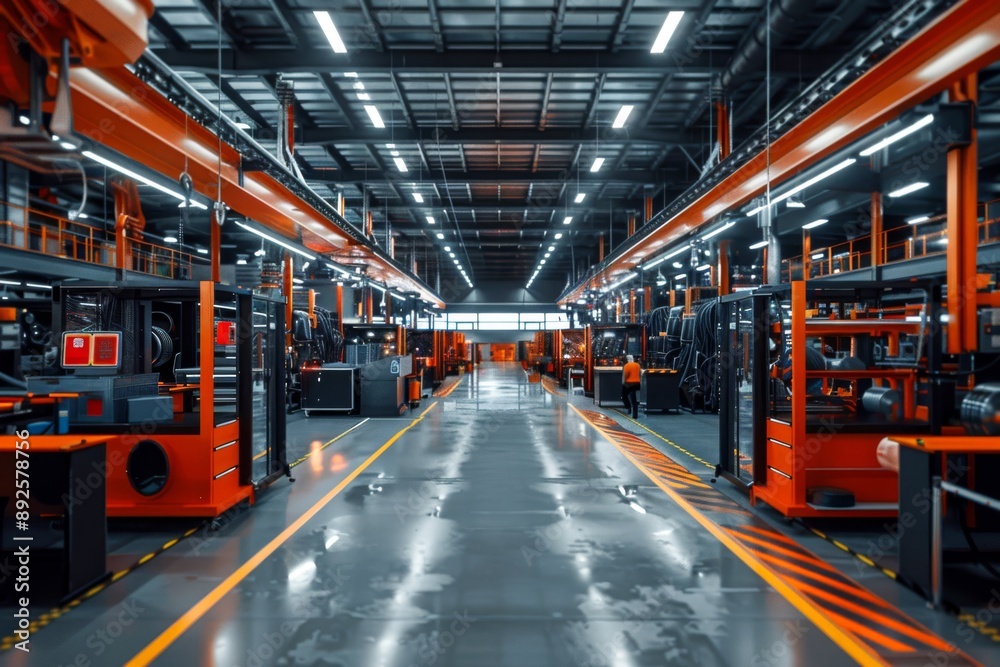 Efficient automotive parts factory interior showcasing 3D printing technology, robotic welding stations, and automated inventory management for streamlined operations Efficient automotive parts factory interior showcasing 3D printing technology, robotic welding stations, and automated inventory management for streamlined operations