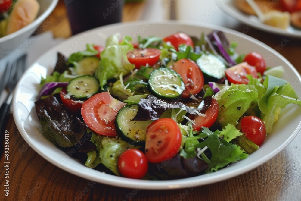 Close-up view of a colorful mixed vegetable salad served on a white plate Close-up view of a colorful mixed vegetable salad served on a white plate