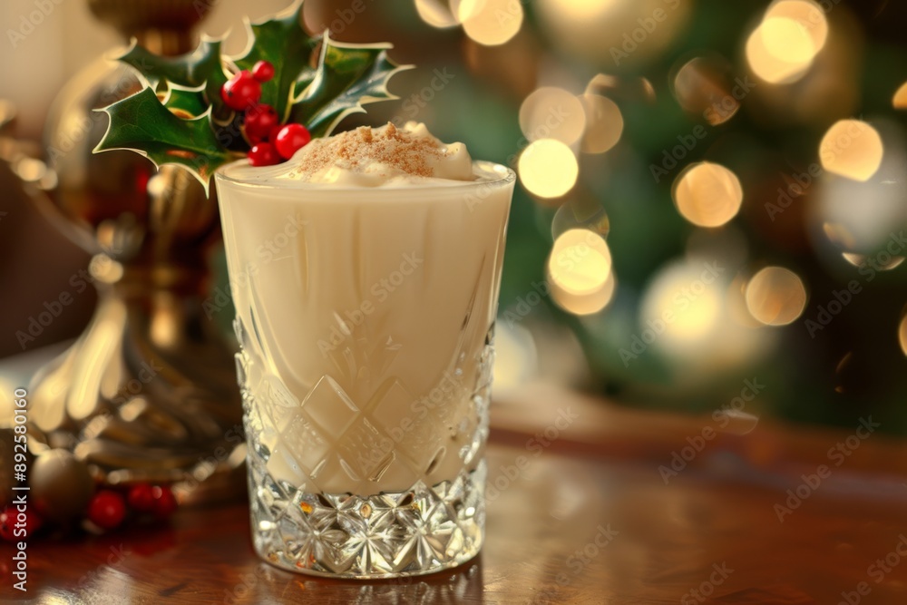 A festive glass of creamy eggnog adorned with a sprig of mistletoe, perfect for the holiday season. The mistletoe adds a touch of romance to this already indulgent treat.
