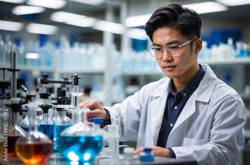 Focused scientist conducting chemical experiment with beakers of different colored liquids in lab setting