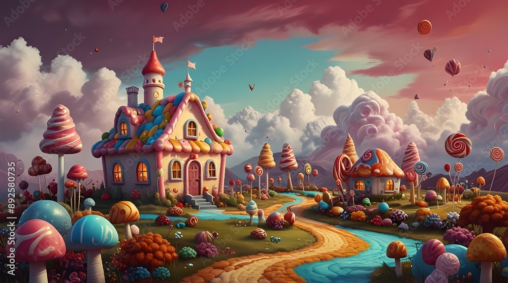 Whimsical digital painting of a candy land with a house made of sweets in the clouds. generative.ai Whimsical digital painting of a candy land with a house made of sweets in the clouds. generative.ai