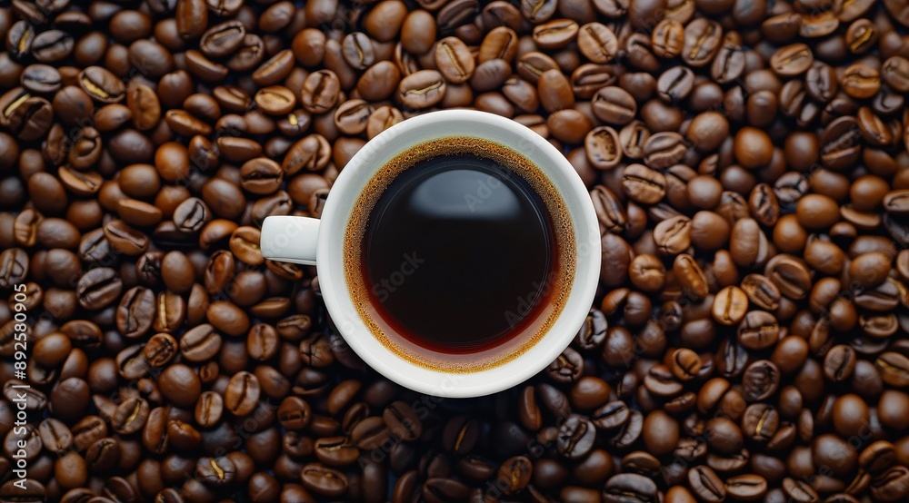A cup of coffee surrounded scattered beans, viewed from above. The scene captures the rich texture and colors of freshly roasted black or white essence A cup of coffee surrounded scattered beans, viewed from above. The scene captures the rich texture and colors of freshly roasted black or white essence