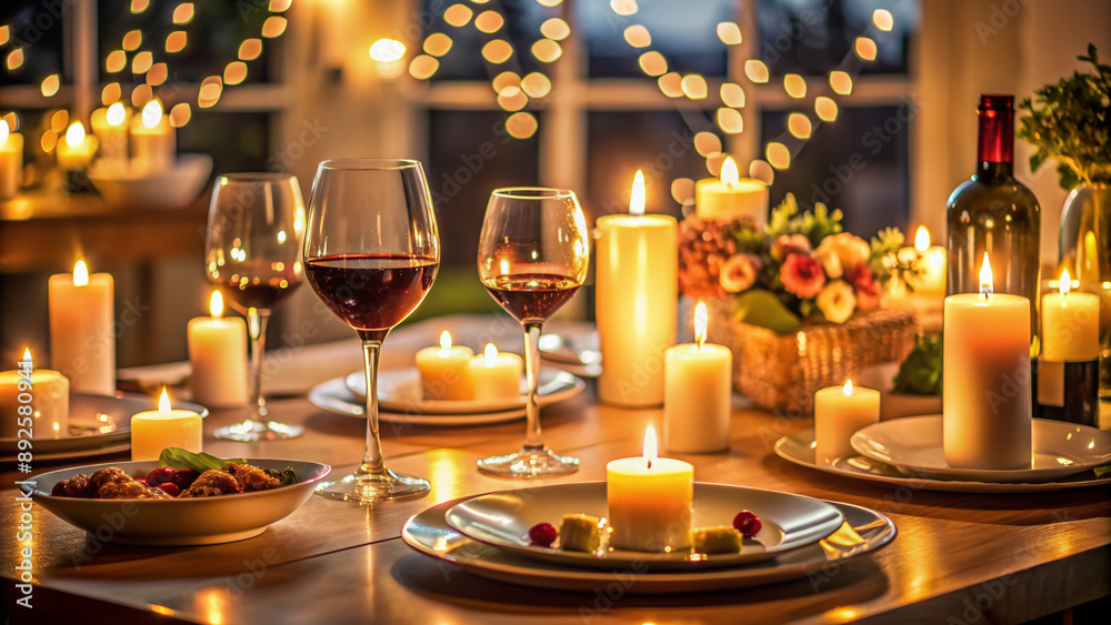 Cozy intimate dinner setting with candles, wine, and empty plates, evoking a sense of romantic joy and togetherness in a relaxed leisure atmosphere. Cozy intimate dinner setting with candles, wine, and empty plates, evoking a sense of romantic joy and togetherness in a relaxed leisure atmosphere.
