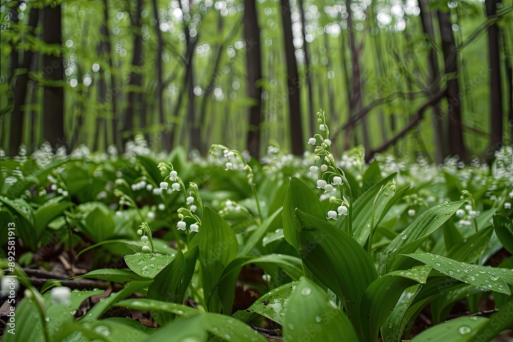 Fototapeta premium A lush green field of white flowers with dew drops on them. The flowers are in full bloom and the scene is serene and peaceful