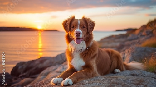 Toller Dog at Sunset by the Sea photo