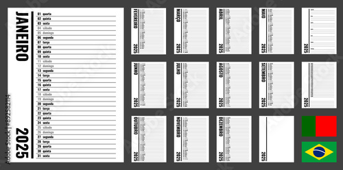 2025 year planner, vertical personal organizer template, portuguese month and weekday names