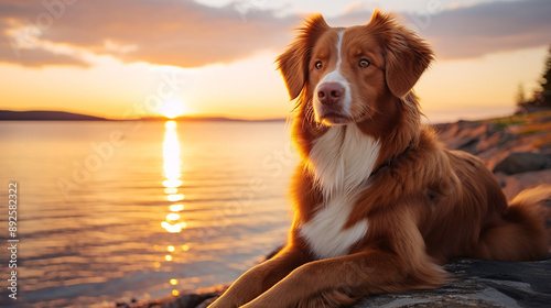 Toller Dog at Sunset by the Sea photo