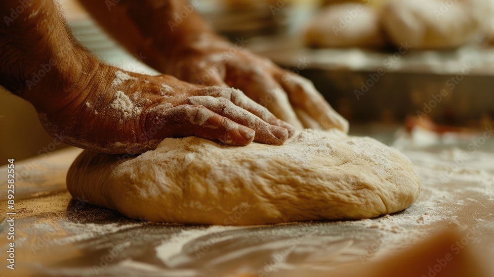 Hands Preparing Pizza Dough. Close-Up of Kneading and Stretching on Floured Surface Hands Preparing Pizza Dough. Close-Up of Kneading and Stretching on Floured Surface