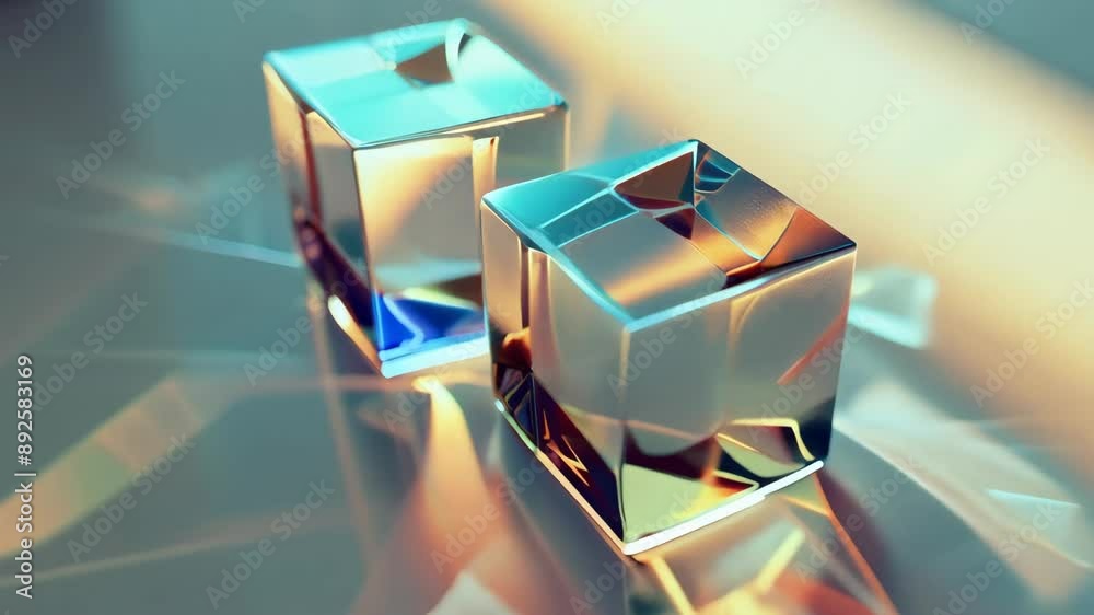Two transparent glass cubes with reflections on a smooth surface
