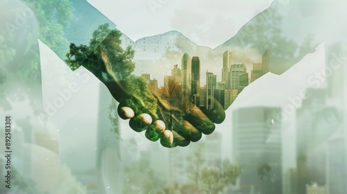 Sustainable Partnership: Handshake with Cityscape and Greenery - Two hands shaking in a handshake, overlaid with a cityscape and greenery, symbolizing collaboration, sustainability, urban development,