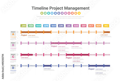 Project planne, Gantt chart for 12 months, project timeline with seven stages, infographic template.