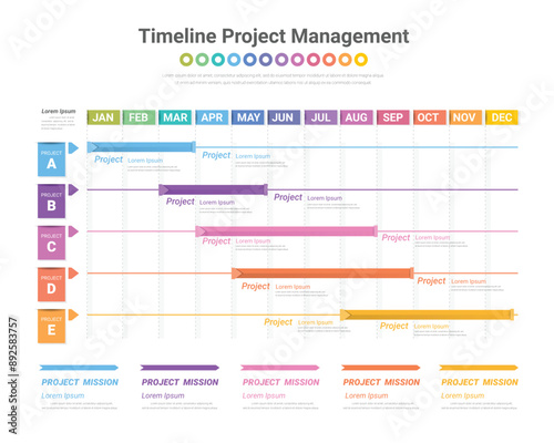 Project time plan business template with 4 project tasks in year or 12 months. Easy to use for your website or presentation.