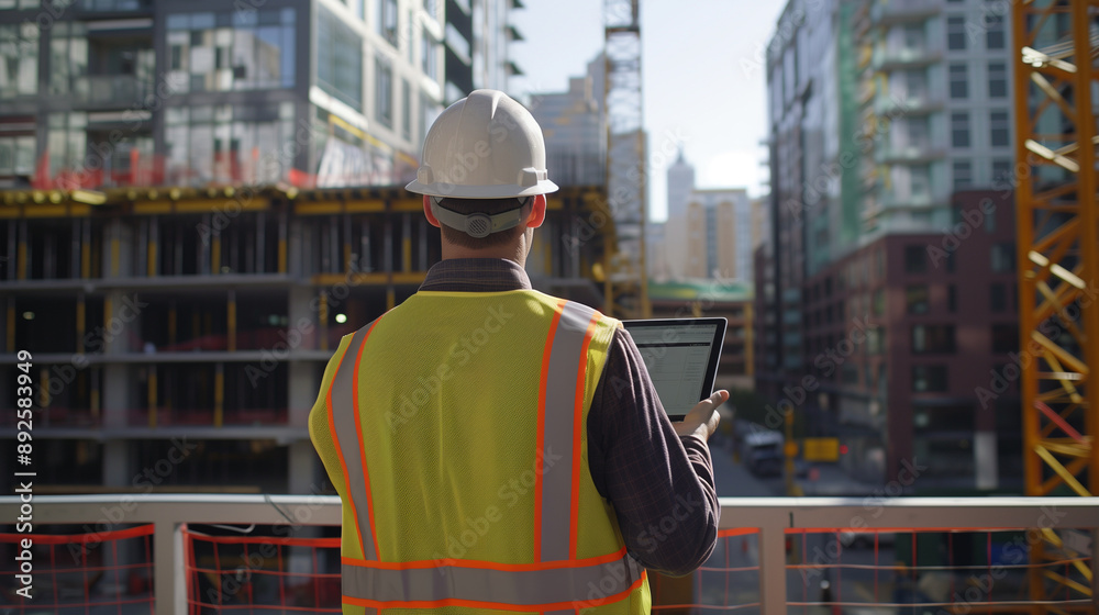 engineer holding a digital tablet while standing at a construction site, wearing a yellow vest and white helmet. He is looking at a building under construction engineer holding a digital tablet while standing at a construction site, wearing a yellow vest and white helmet. He is looking at a building under construction