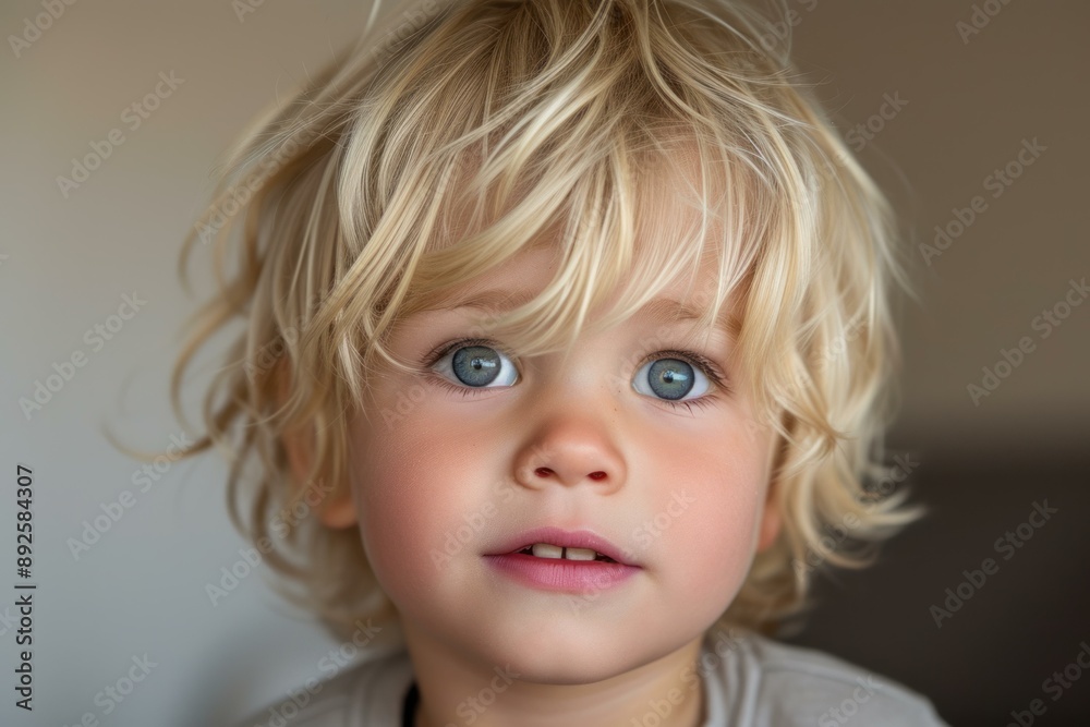 Close-up photo of a toddler with striking blue eyes and tousled blond hair looking thoughtful Close-up photo of a toddler with striking blue eyes and tousled blond hair looking thoughtful