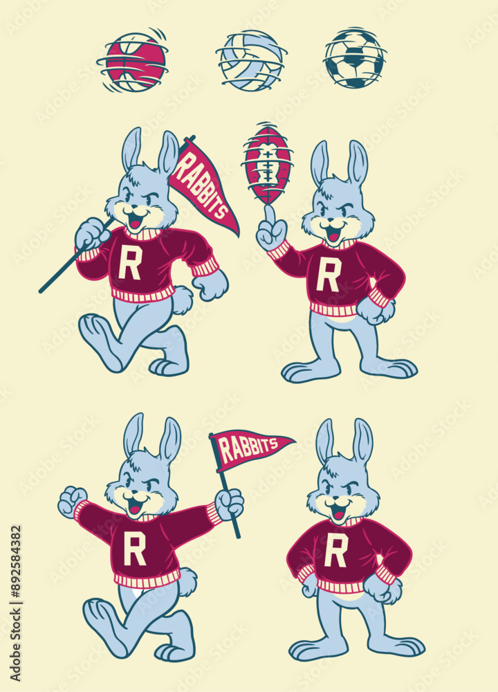 Naklejka premium Set of Rabbit Sport Mascot in Vintage Style