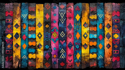 Vibrant Tribal Patterns: Hand-Drawn Cultural Inspiration on Striped Background in Digital Art