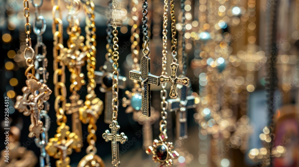 Display of cross necklaces of different materials and designs in a religious store. Display of cross necklaces of different materials and designs in a religious store.