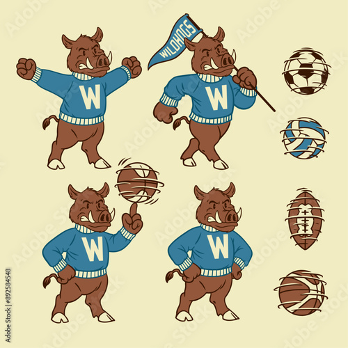 Set of Wildhogs Sport Mascot Vintage Style