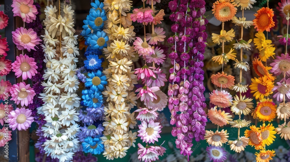 Display of handmade flower necklaces of different colors in a floral shop.