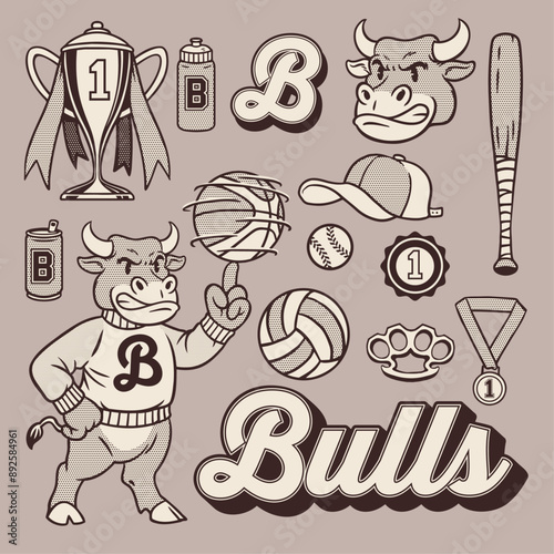 Vector of Bull Mascot Vintage Hand Drawn Object Set