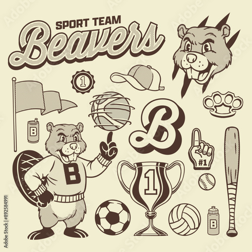 Vector of Beaver Mascot Vintage Hand Drawn Object Set