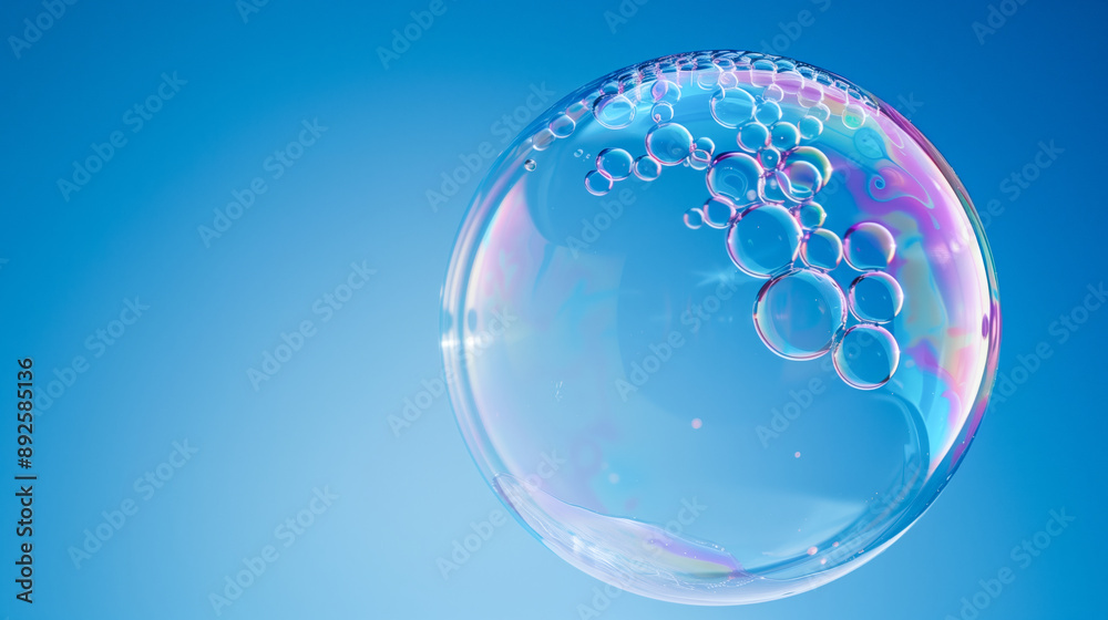 Single Soap Bubble on Blue Background: Close-Up on Floating Bubble with Rainbow Reflection and Light Reflections - Minimalistic Background with Copy Space Single Soap Bubble on Blue Background: Close-Up on Floating Bubble with Rainbow Reflection and Light Reflections - Minimalistic Background with Copy Space