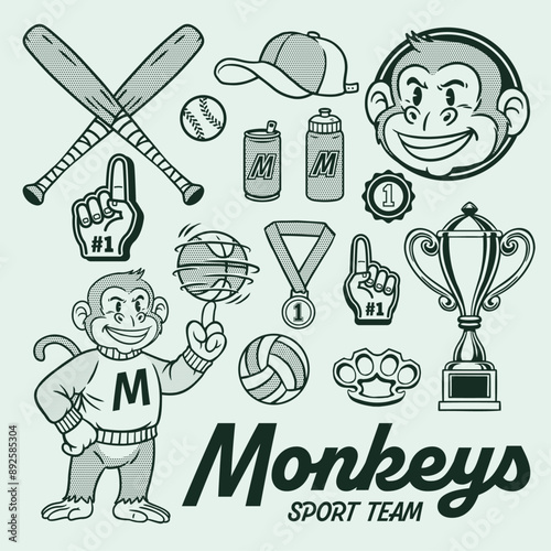 Vector of Monkey Mascot Vintage Hand Drawn Object Set