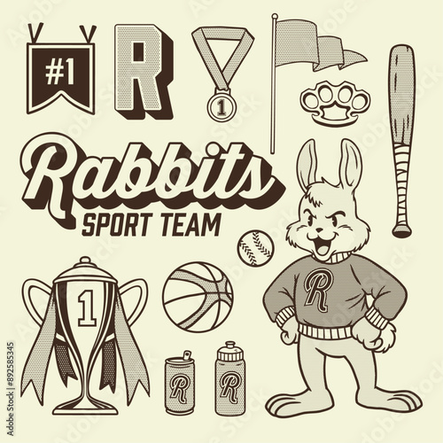 Vector of Rabbit Mascot Vintage Hand Drawn Object Set