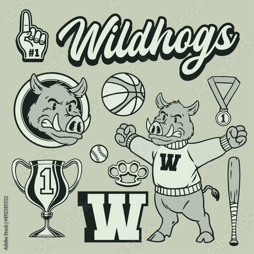 Vector of Wildhog Mascot Vintage Hand Drawn Object Set photo