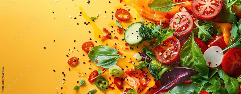 Levitating vegetable stir-fry with colorful veggies, mid-air, isolated on a vibrant background, great for a healthy eating concept Levitating vegetable stir-fry with colorful veggies, mid-air, isolated on a vibrant background, great for a healthy eating concept