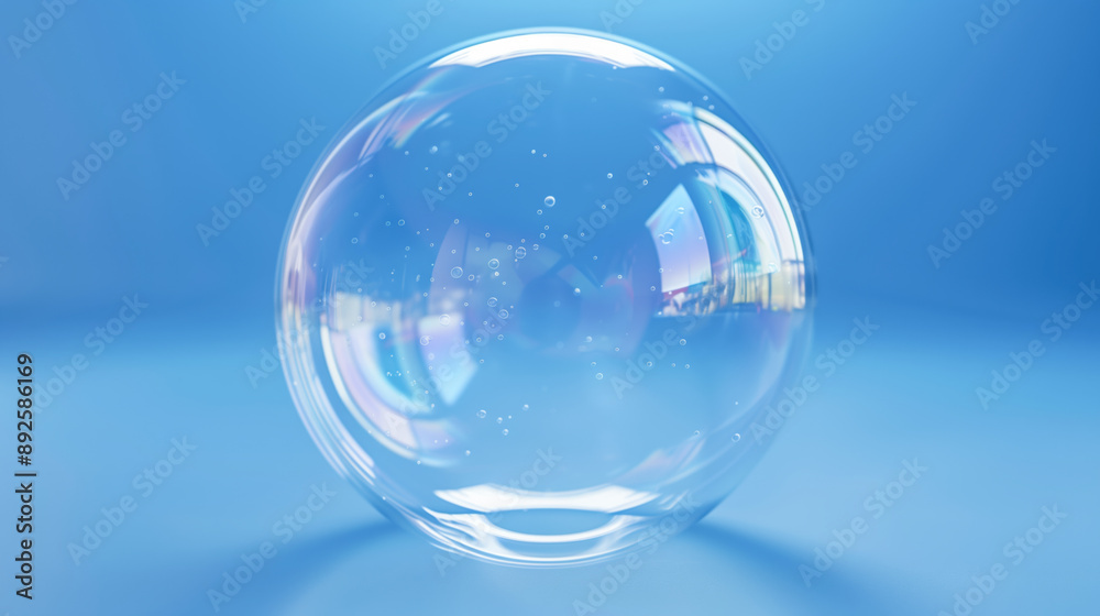 Single Soap Bubble on Blue Background: Close-Up on Bubble with Light Reflections - Minimalistic Background with Copy Space. Single Soap Bubble on Blue Background: Close-Up on Bubble with Light Reflections - Minimalistic Background with Copy Space.