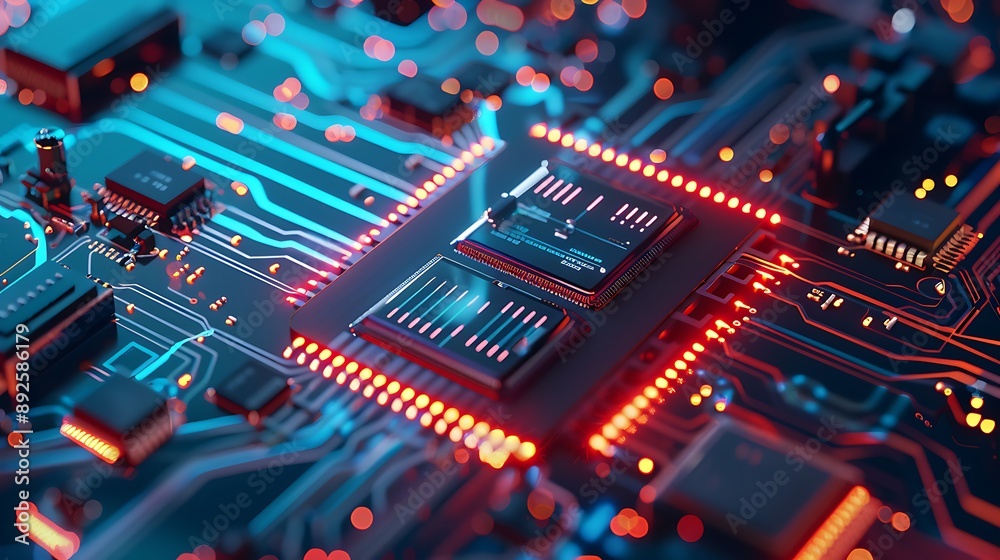 Futuristic microchip processor with lights on the blue background Futuristic microchip processor with lights on the blue background
