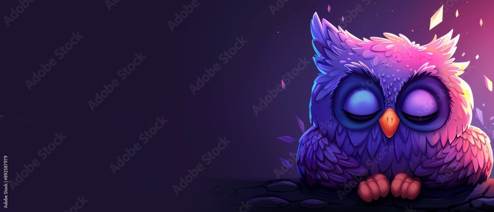 A purple owl atop rocks against a neon backdrop, illuminated by a radiant light A purple owl atop rocks against a neon backdrop, illuminated by a radiant light