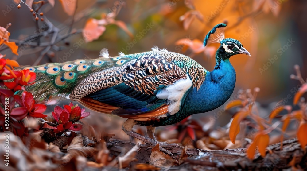 Obraz premium Majestic peacock with its iridescent feathers fully displayed, walks through brightly colored autumn foliage, showcasing nature's beauty in the forest floor.