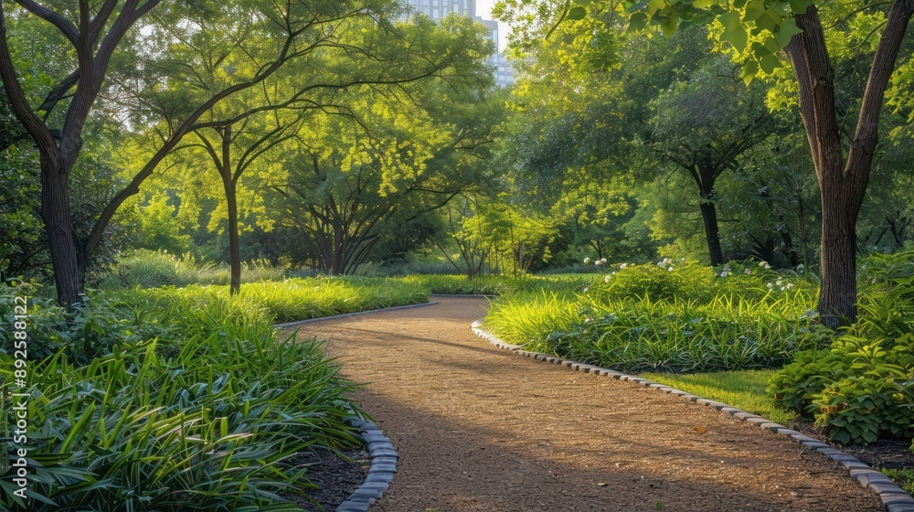 Well-maintained urban park with diverse plant species, walking paths, and a peaceful atmosphere Well-maintained urban park with diverse plant species, walking paths, and a peaceful atmosphere