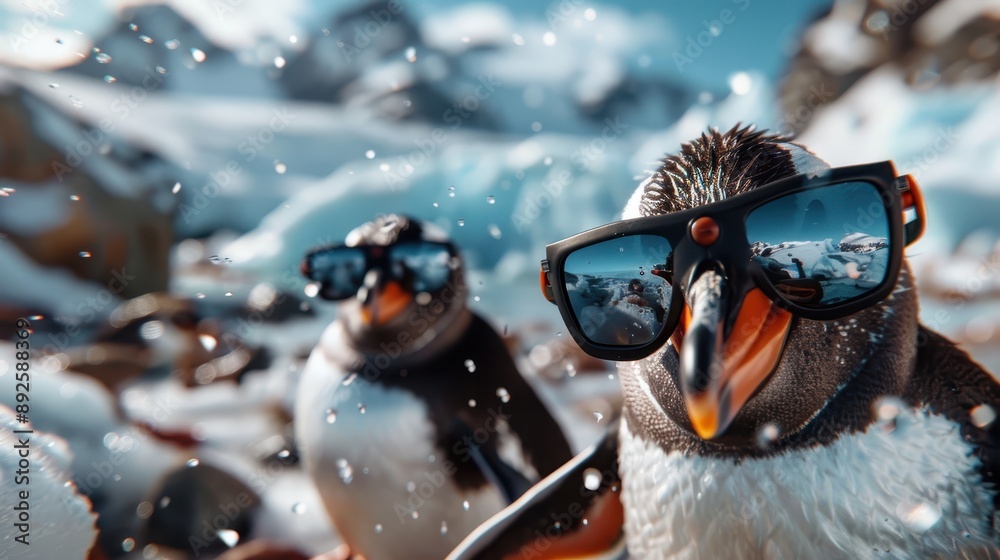 Two penguins dressed in sunglasses enjoy a sunny day in a beautiful snowy mountain region, creating a whimsical mix of natural wildlife and human-like fashion elements. Two penguins dressed in sunglasses enjoy a sunny day in a beautiful snowy mountain region, creating a whimsical mix of natural wildlife and human-like fashion elements.