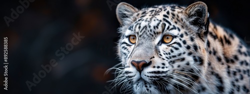  A tight shot of a leopard's face, background blurred with trees and bushes