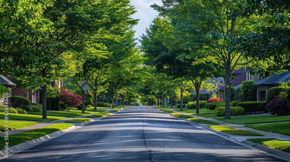 Tree-lined street in a suburban neighborhood, promoting clean air and a healthy lifestyle