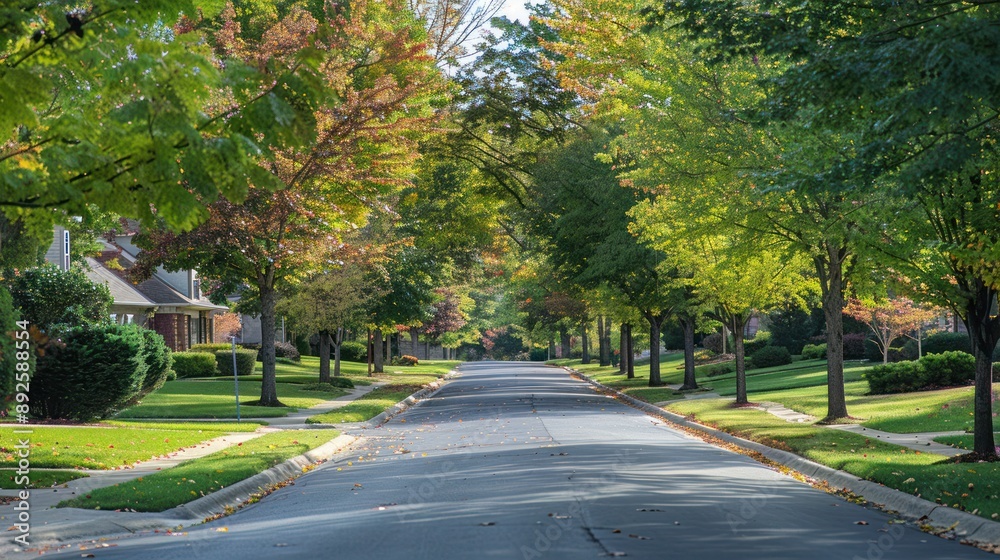 Tree-lined street in a suburban neighborhood, promoting clean air and a healthy lifestyle Tree-lined street in a suburban neighborhood, promoting clean air and a healthy lifestyle